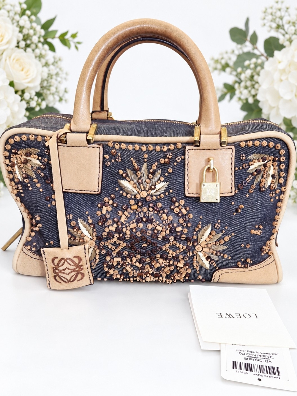 Loewe Amazona 28 Wood Beaded Denim Handbag Lim Edition Summer Collection (2007)